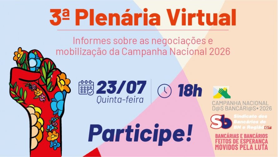 Sindicato promove 3ª Plenária Virtual da Campanha Nacional nesta quinta-feira, 23. Participe!